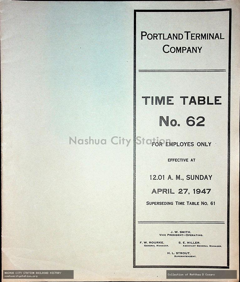 Employee Timetable: Portland Terminal Company - Time Table No. 62